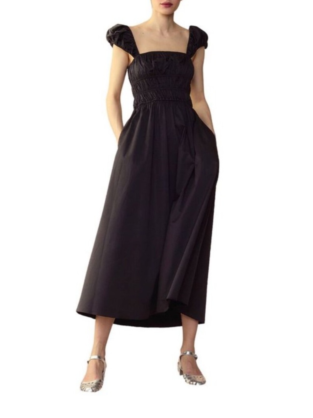 Cynthia Rowley Black Smocked Square-Neck Midi with Puff Sleeves